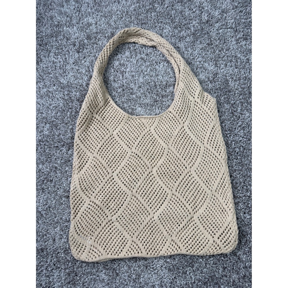 Boho Tan Knit Crochet Tote Bag Diamond Mesh Shoulder Market Bag Beige